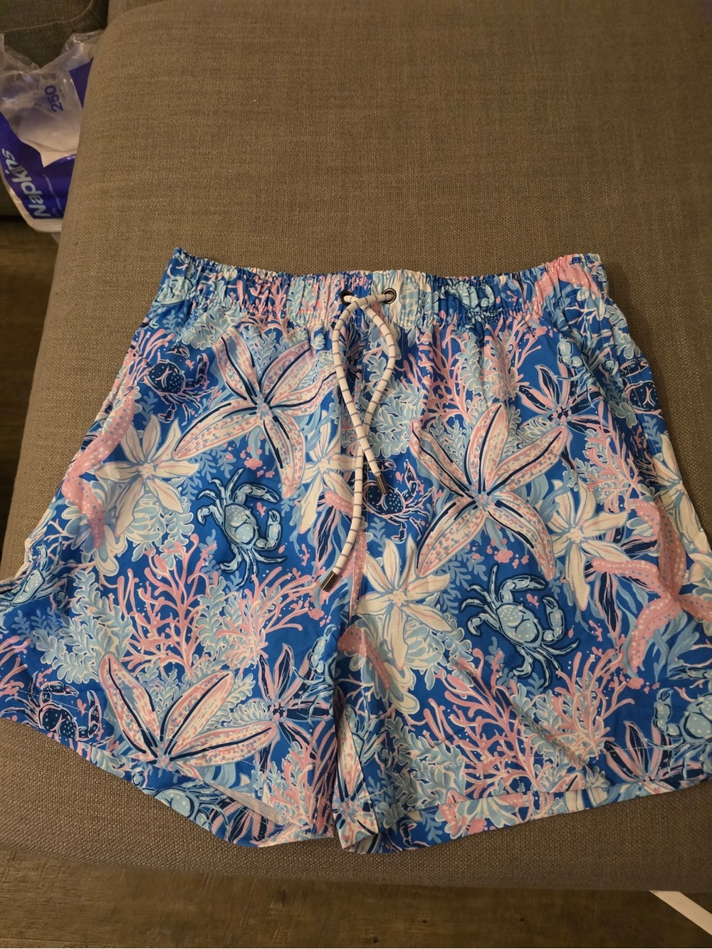 Simply Southern Blue, Light Blue and Pink Coral Print Swim Trunks